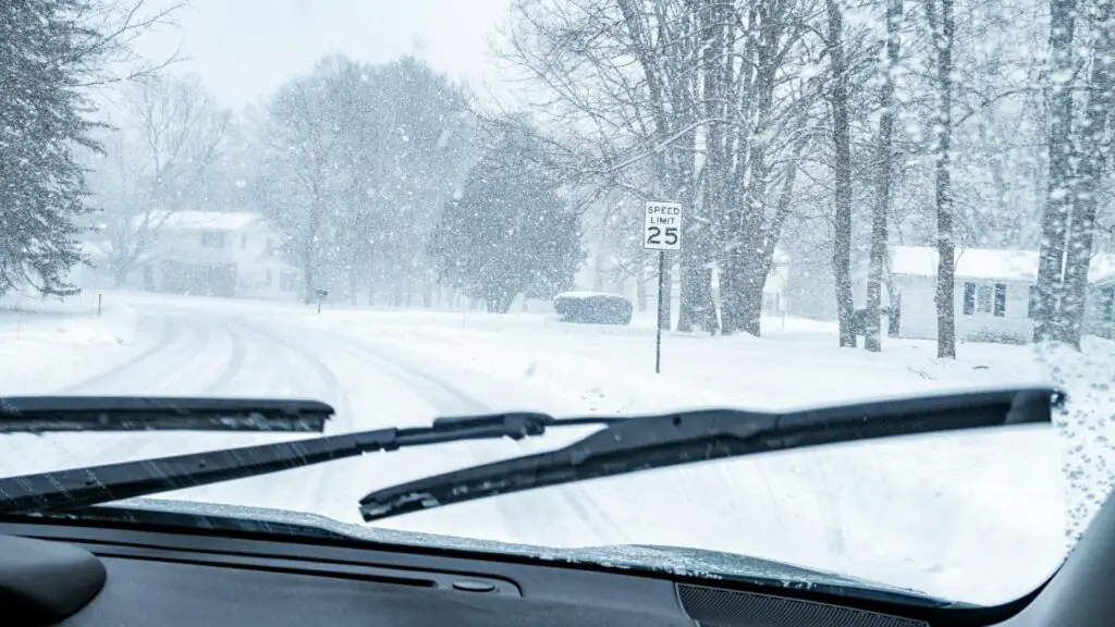 Car is driving during heavy snow, windshield wipers are turned on